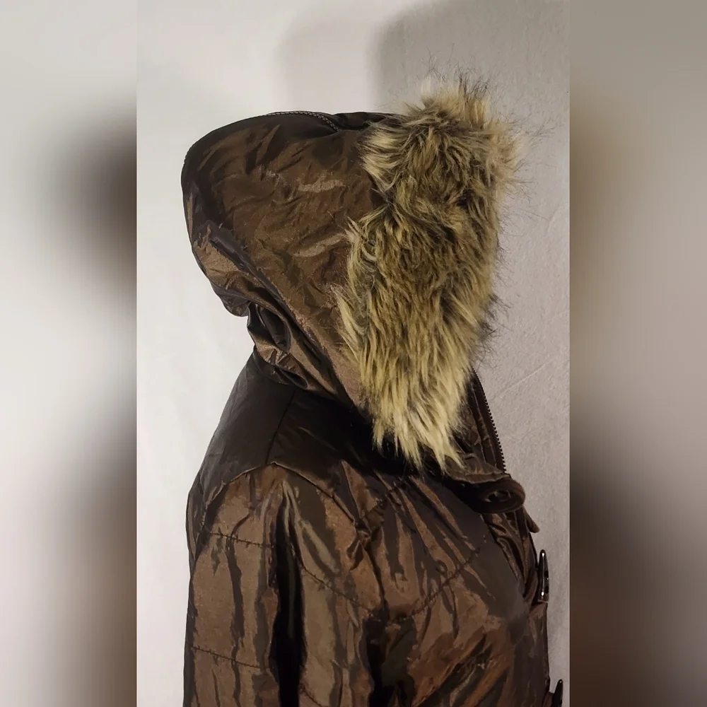 Tulle Anthropologie Brown Button Front Furry Hood Women's Puffer Coat Parka Smal - Picture 5 of 12